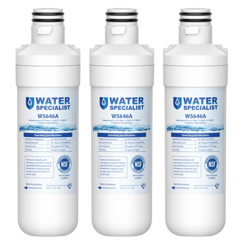 Waterspecialist LT1000PC ADQ747935 Replacement for LGÂ® LT1000PÂ®, LT1000PCS, LFXC24796S, LMXS28626S, LFXS26973S, ADQ74793501, ADQ74793502, 46-9980, 9980 Refrigerator Water Filter, Pack of 3 - Image 1